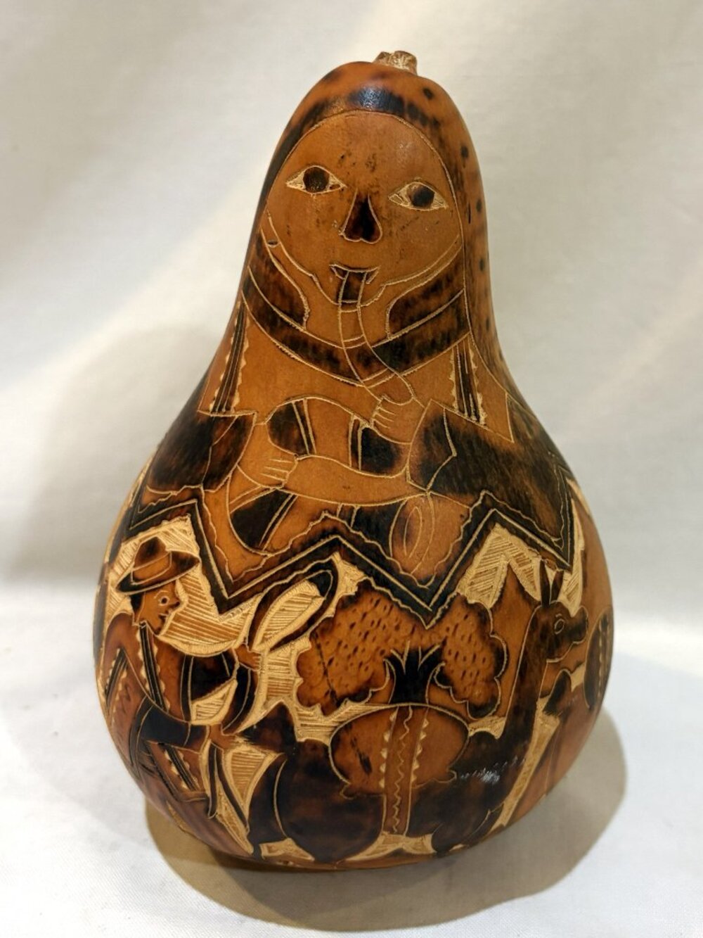 Peruvian Folk Art Hand Carved Gourd Percussion Instrument Farmland Scene
